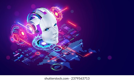 AI technology concept. Robot or chat bot head hanging over digital map of world. Artificial intelligence communication with different places on globe for business. Cyborg face analysis global data.