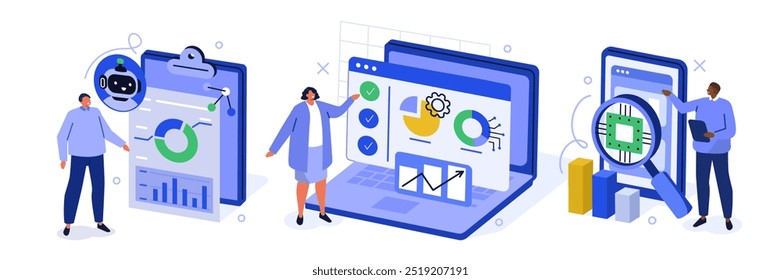 AI technology concept set. Collection of characters use artificial intelligence algorithms for collecting smart data, analysis, automation. Vector illustration.