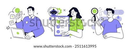 AI technology concept set. Collection of characters working with artificial intelligence, chatbot, generative tools to increase productivity, efficient, task performance. Vector illustration.