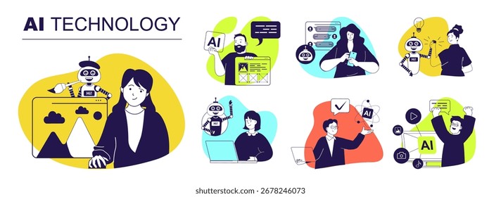 KI-Technologiekonzept für Webdesign. Sammlung mit Menschen, die künstliche Intelligenz virtuellen Assistenten für die Bild- oder Textgenerierung, Online-Datenanalyse, Aufgaben zu tun. Vektorgrafik.