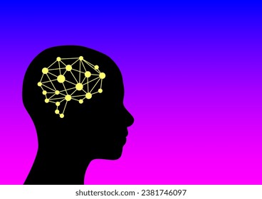 AI and technology concept. Shilloate human head with yellow circuit brain on pink and blue background.  