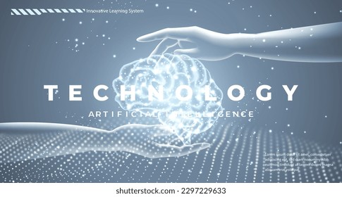 AI technology concept transparent hand holding brain hand and wave dot line futuristic style elegant blue gray tone