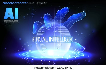 AI technology concept virtual digital hand control manipulate the whole world in futuristic style dark background