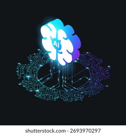 La tecnología de IA se conecta al concepto de red digital: ilustración isométrica mínima moderna con cerebro de IA y placa de circuito sobre fondo negro 