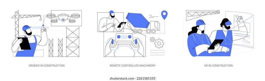 AI technology in construction abstract concept vector illustration set. Drones in building, remote controlled machinery, VR headset use in construction, surveillance equipment abstract metaphor.