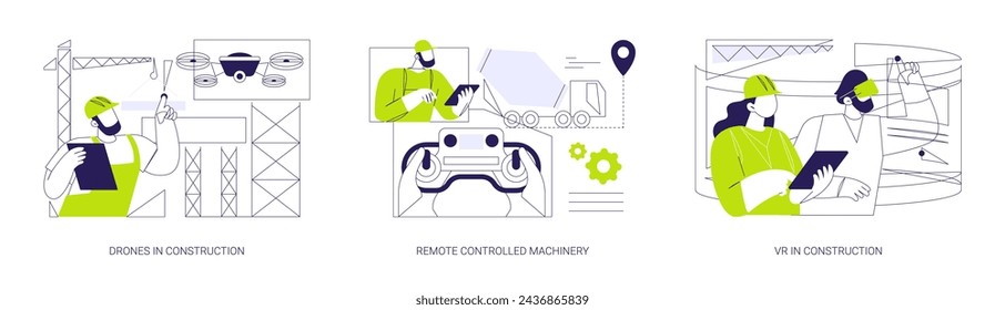 KI-Technologie in der Konstruktion abstrakte Konzept Vektor Illustration Set. Drohnen im Gebäude, ferngesteuerte Maschinen, VR-Headset im Bauwesen, Überwachungsausrüstung abstrakte Metapher.