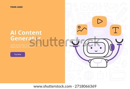 AI technology in content creation. Helping with generative images, texts, and video. Vector illustration for landing page, banner, or ad.