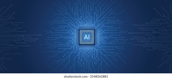 Chipset de CPU de tecnología AI con placa de circuito impreso. Placa de circuito impreso y procesador. Aprendizaje automático. Anuncio de Web de inteligencia artificial