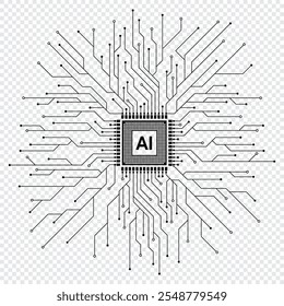 AI technology CPU chipset with printed circuit board. Printed circuit board and processor. Machine learning. Vector illustration