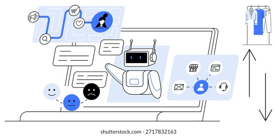 AI technology, customer service, e-commerce, online communication, chatbot interaction, feedback systems. Illustration of a chatbot, feedback emotions and digital communication icons. AI technology