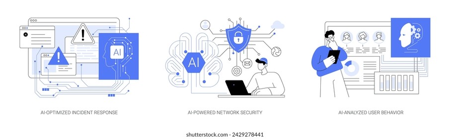 Tecnología de IA en el conjunto de ilustración vectorial de concepto abstracto de ciberseguridad. Respuesta a incidentes optimizada para IA, análisis de amenazas, seguridad de red impulsada por IA, metáfora abstracta del comportamiento del usuario analizado por IA.