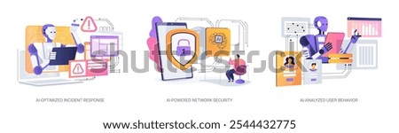 AI Technology in Cybersecurity abstract concept vector illustration set. AI-Optimized Incident Response, threat analysis, AI-Powered Network Security, AI-Analyzed User Behavior abstract metaphor.