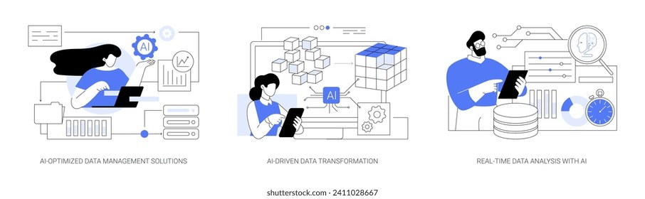 AI technology in data analysis abstract concept vector illustration set. AI-Optimized Data Management Solutions, AI-Driven Data Transformation, Real-Time Data Analysis with AI abstract metaphor.