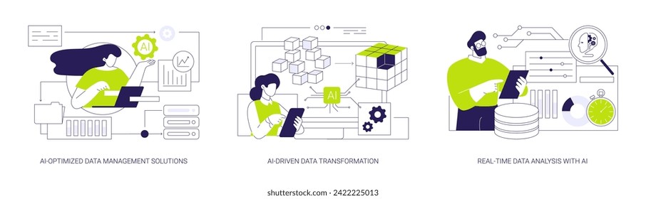 AI technology in data analysis abstract concept vector illustration set. AI-Optimized Data Management Solutions, AI-Driven Data Transformation, Real-Time Data Analysis with AI abstract metaphor.