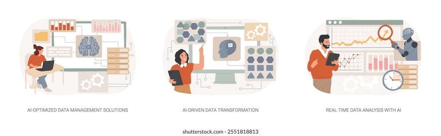 AI technology in data analysis abstract concept vector illustration set. AI-Optimized Data Management Solutions, AI-Driven Data Transformation, Real-Time Data Analysis with AI abstract metaphor.