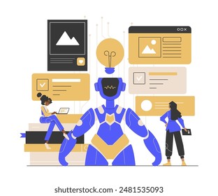 AI technology and data learning: A robot with a light bulb head symbolizing ideas, working alongside human characters. One character is seated with a laptop, another stands with a tablet.