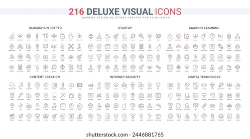 AI technology and data protection, blockchain line icons set. Connection support and security, online blogging and vlogging, smart home and robot thin black and red outline symbols vector illustration