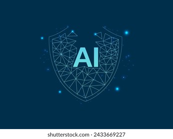 AI Technology Data Protection Shield with low poly wireframe icon logo vector design concept. Artificial intelligence Protection Guard Symbol for cyber security, big data, infographic, robotics, web.