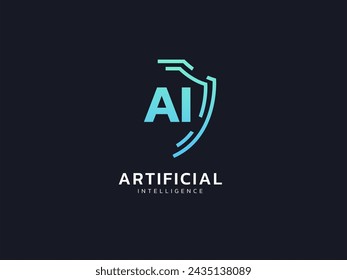 Tecnología AI Escudo de protección de datos con líneas Concepto de diseño de logotipo vectorial de análisis. Inteligencia artificial Guardia de Protección Símbolo para ciberseguridad, big data, infografía, robótica, verificación, web.