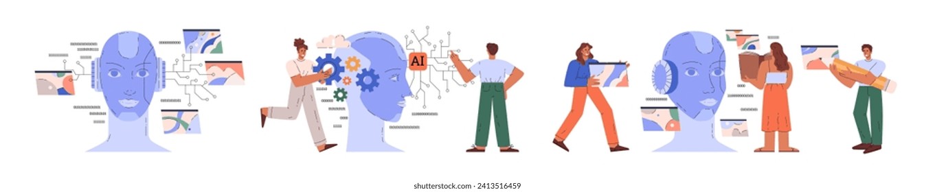 AI technology design concept, set of flat cartoon vector illustrations on white background. Various scenes with people, robots and development of modern computer technologies. Artificial intelligence