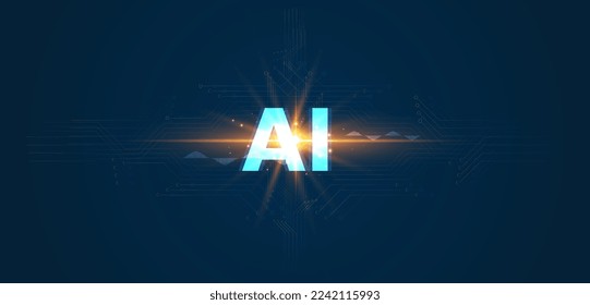 AI Technology design, vector AI Text with light effect, AI robot and human touching on big data network connection background, Science and artificial intelligence technology.