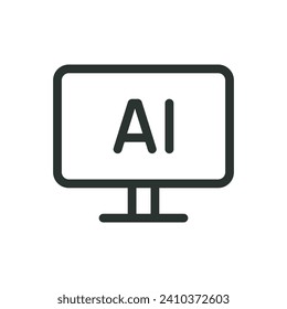AI technology display isolated icon, AI workplace monitor vector icon with editable stroke