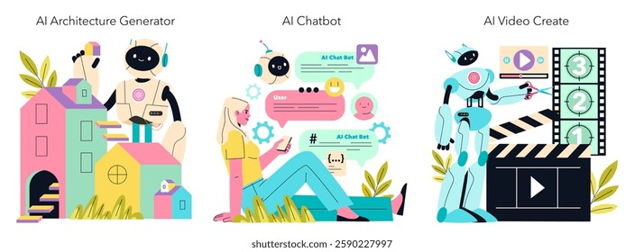 AI technology in diverse fields like architecture, communication, and video creation. Illustrations show robots engaged in design, chatting with users, and editing videos, showcasing innovative