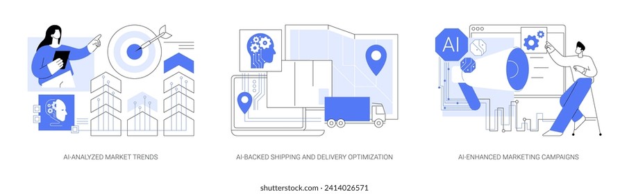 AI Technology in E-commerce abstract concept vector illustration set. AI-Analyzed Market Trends, AI-Backed Shipping and Delivery Optimization, AI-Enhanced Marketing Campaigns abstract metaphor.