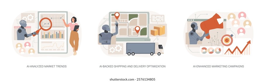 AI Technology in E-commerce abstract concept vector illustration set. AI-Analyzed Market Trends, AI-Backed Shipping and Delivery Optimization, AI-Enhanced Marketing Campaigns abstract metaphor.