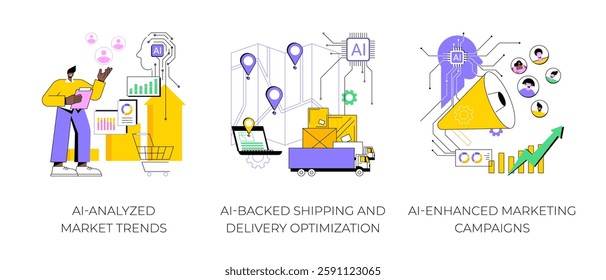 AI Technology in E-commerce abstract concept vector illustration set. AI-Analyzed Market Trends, AI-Backed Shipping and Delivery Optimization, AI-Enhanced Marketing Campaigns abstract metaphor.