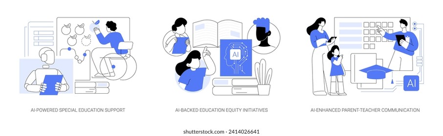 El conjunto de ilustraciones vectoriales abstractas de AI Technology in Education. Apoyo educativo especial impulsado por IA, iniciativas de equidad educativa respaldadas por IA, metáfora abstracta de comunicación padre-profesor.