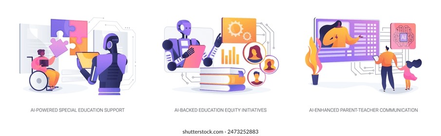 AI Technology in Education abstract concept vector illustration set. AI-Powered Special Education Support, AI-Backed Education Equity Initiatives, Parent-Teacher Communication abstract metaphor.