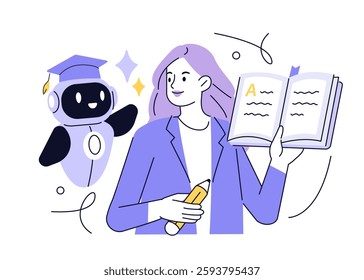 AI technology in education. Robot assist teacher by lesson. Character use artificial intelligence generative tools for learning, teaching, exam preparation, educational program. Vector illustration.