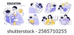 AI technology in education set. Student and teacher characters using artificial intelligence generative tools for learning, teaching, school lesson planning, exam preparation. Vector illustration.