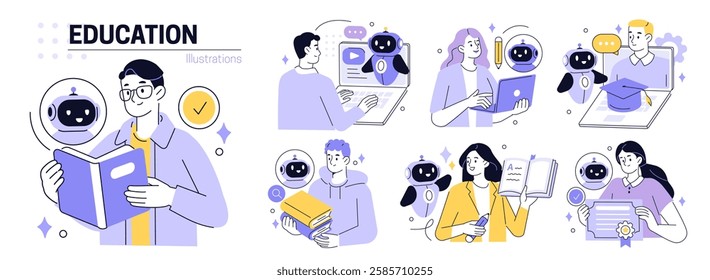 AI technology in education set. Student and teacher characters using artificial intelligence generative tools for learning, teaching, school lesson planning, exam preparation. Vector illustration.