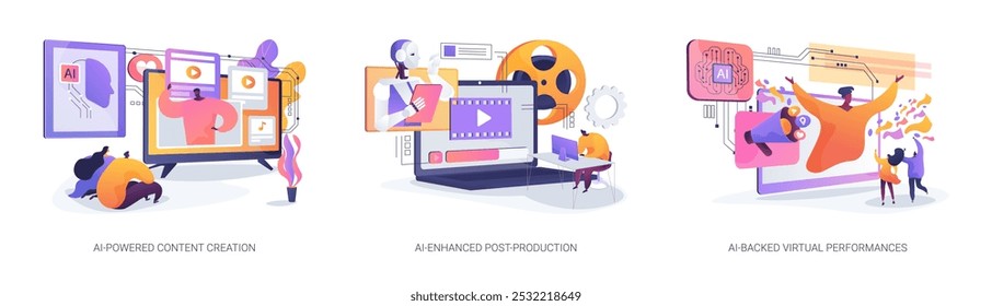 AI Technology in Entertainment abstract concept vector illustration set. AI-Powered Content Creation, AI-Enhanced Post-Production, special effects, AI-Backed Virtual Performances abstract metaphor.