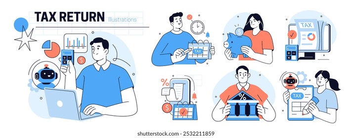 Tecnología de IA en finanzas y contabilidad. Colección de personajes que preparan declaraciones de impuestos automatizadas, calculando impuestos con herramientas de inteligencia artificial. Ilustración vectorial.