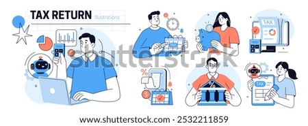 AI technology in finance and accounting set. Collection of characters preparing automated tax return, calculating taxes with artificial intelligence tools. Vector illustration.