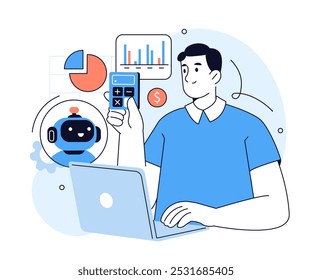 A tecnologia da IA nas finanças. Contador de personagens trabalhando com inteligência artificial, chatbot, ferramentas gerativas para calcular orçamento, impostos, relatório financeiro. Ilustração vetorial.
