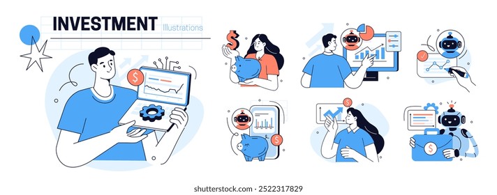 Tecnología de IA en finanzas y conjunto de operaciones. Los personajes utilizan inteligencia artificial, algoritmos y herramientas de aprendizaje automático para predecir el Precio del mercado de valores y realizar inversiones. Ilustración vectorial.