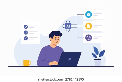 AI technology flat design illustration of person working with laptop using artificial intelligence assistant to boost productivity. A vibrant flat design vector illustration depicting a person working on a laptop while leveraging the power of artificial intelligence to streamline tasks and maximize productivity. This commercially versatile asset captures the modern relationship between humans and AI technology — perfect for tech companies, software brands, and digital content creators seeking fresh, on-trend visuals that resonate with today's workforce.

Crafted in a clean, contemporary flat design style with bold colors, geometric shapes, and a friendly character illustration, this vector graphic communicates themes of automation, smart working, and digital transformation. The scalable vector format ensures crisp, pixel-perfect rendering at any size, from social media thumbnails to large-format website banners and presentation slides.

Ideal for technology blogs, startup landing pages, business presentations, educational materials, newsletter headers, app interfaces, and digital marketing campaigns. Industries that will love this asset include software development, IT consulting, e-learning platforms, HR tech, productivity tools, and corporate communications. A must-have for designers and marketers conveying the future of intelligent work.