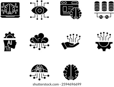 AI Technology flat Icon Set Digital Icons for Artificial Intelligence, Machine Learning, Cloud Computing, and Data Innovation with Transparent Background.

