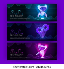 Ai technology futuristic cartoon banners with artificial intelligence robot at neon glowing hud technological background with infinity symbol. Cyborg or droid, robotics and automation Vector concept