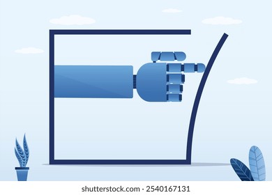 KI-Technologie geht über Grenzen hinaus. Roboter Hand schieben, um Box zu brechen. Neuronales Netzwerk verlässt die Grenzzone zur Freiheit. Machine Learning, Ai und Chatbots Entwicklung. flache design, Vektorgrafik