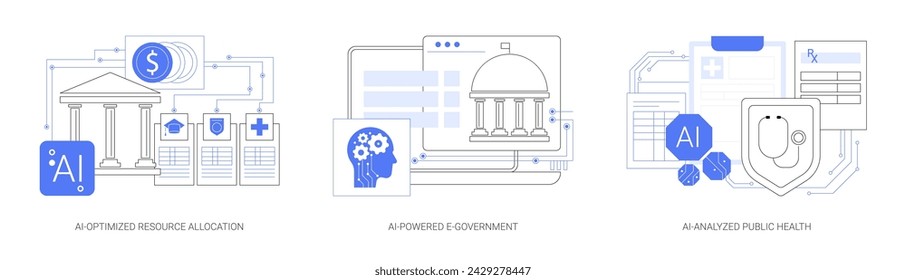 AI Technology for Government and Public Services abstract concept vector illustration set. AI-Optimized Resource Allocation, AI-Powered E-Government, AI-Analyzed Public Health abstract metaphor.