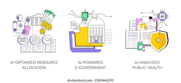 AI Technology for Government and Public Services abstract concept vector illustration set. AI-Optimized Resource Allocation, AI-Powered E-Government, AI-Analyzed Public Health abstract metaphor.