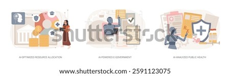 AI Technology for Government and Public Services abstract concept vector illustration set. AI-Optimized Resource Allocation, AI-Powered E-Government, AI-Analyzed Public Health abstract metaphor.
