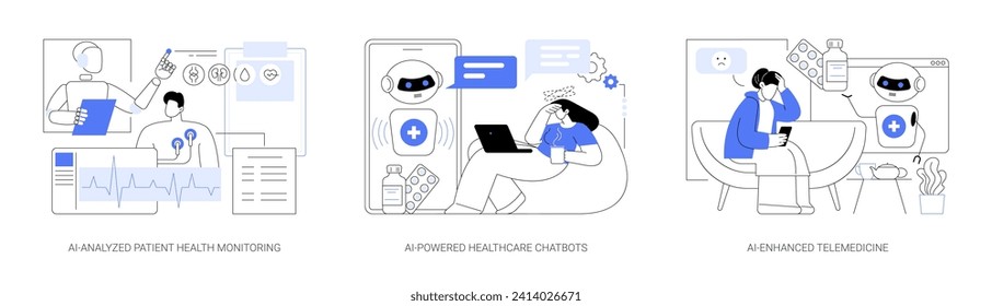 AI-Technologie im Gesundheitswesen abstraktes Konzept Vektorgrafik Set. AI-analysierte Patientenüberwachung, AI-Powered Healthcare Chatbots, AI-Enhanced Telemedizin-Chatbots abstrakte Metapher.