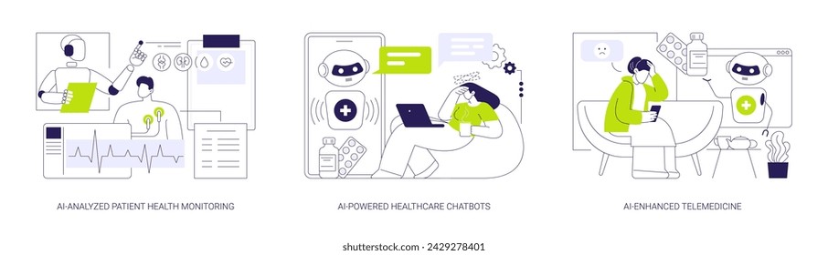 AI technology in Healthcare abstract concept vector illustration set. AI-Analyzed Patient Health Monitoring, AI-Powered Healthcare Chatbots, AI-Enhanced Telemedicine chatbots abstract metaphor.