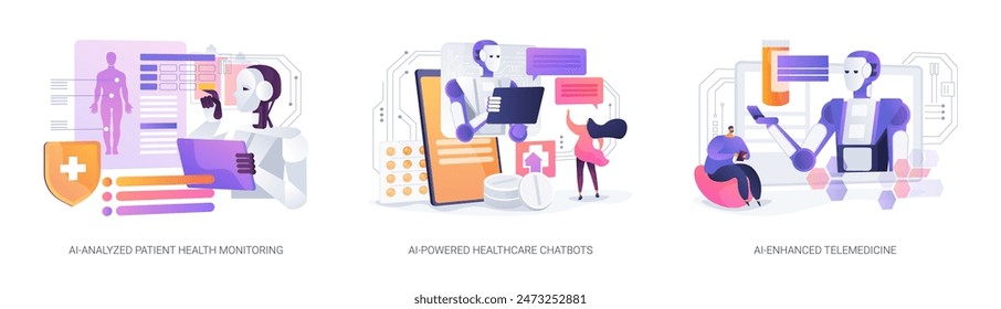 AI technology in Healthcare abstract concept vector illustration set. AI-Analyzed Patient Health Monitoring, AI-Powered Healthcare Chatbots, AI-Enhanced Telemedicine chatbots abstract metaphor.